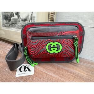Gucci Neon Green Logo Red & Grey Belt Bag Crossbody NWT